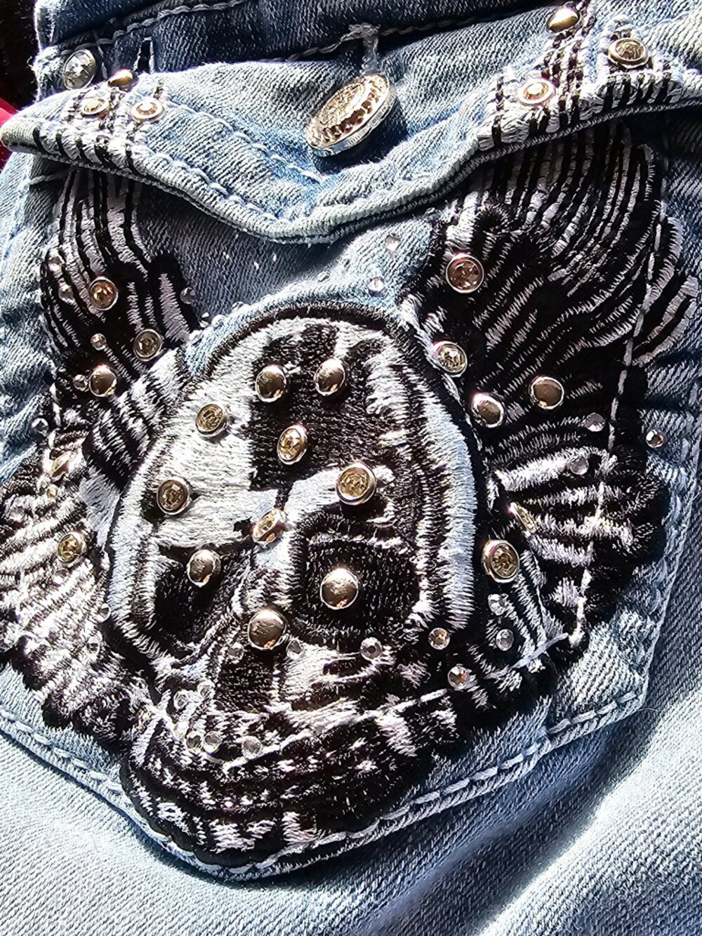Mall Goth McBling Thick Stitch Skull Flap Pocket Rhinestone Bootcut Jeans 7/8 - Picture 5 of 13